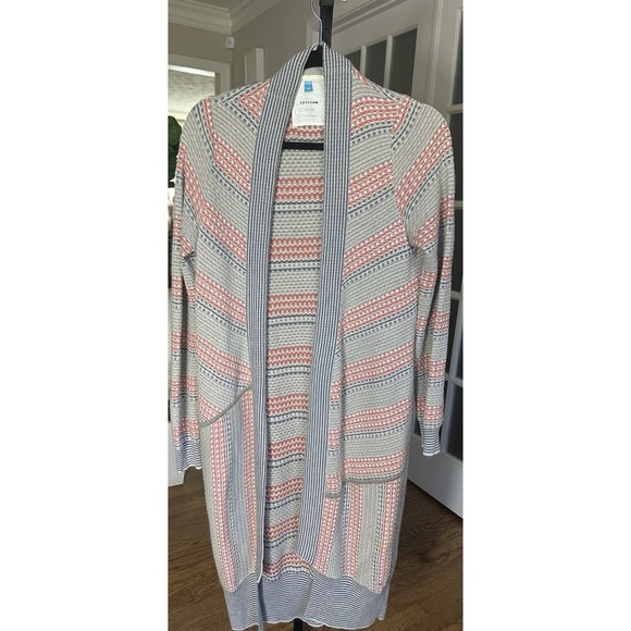 Anthropologie Sparrow Wool Blend Long Cardigan Sweater Gray Red Striped M - Picture 1 of 7